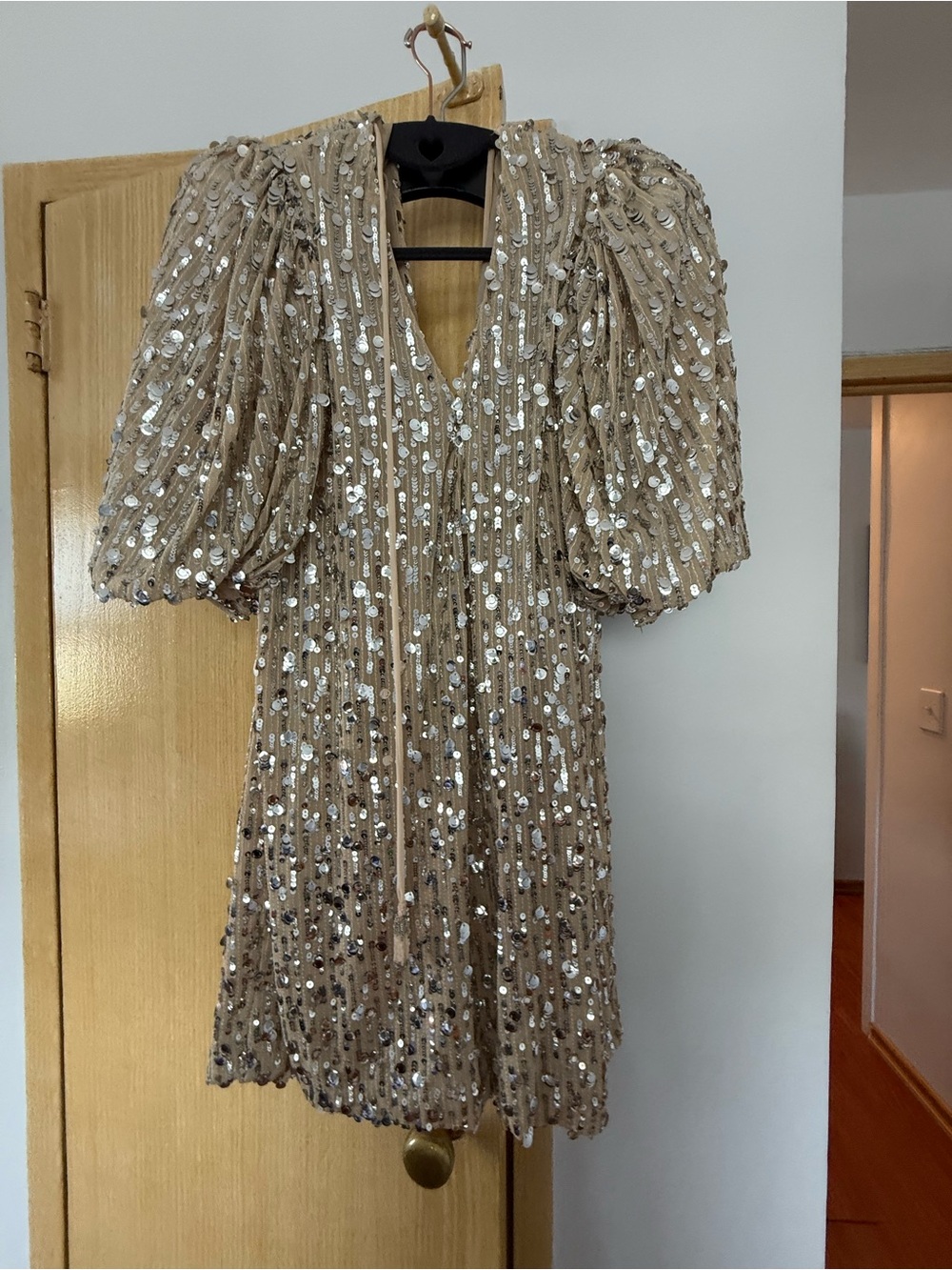 Beige Sequin Puff Sleeve Mini Dress - Sparkling Party Ready
